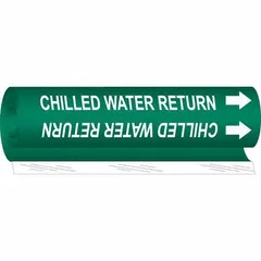 Green wrap-around pipe marker with white legend reading 'Chilled Water Return' and directional arrows. Fits pipe outer diameters from 1/2 to 1-3/8 inches. Used to identify chilled water return lines in piping systems, aiding in maintenance and safety compliance.