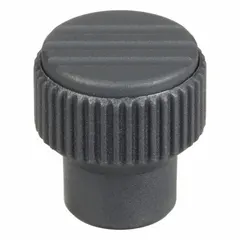 Knurled knob with threaded hole, 21 mm diameter, M4 thread, 10 mm thread length. Gray plastic body with stainless steel thread insert. Used for manual adjustment and clamping on machinery, fixtures, and industrial equipment.