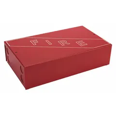 Red mounting cabinet for fire alarm system components. Overall length 14 in, overall height 8 in. Compatible with Edwards Signaling systems.