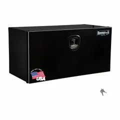 This single drop-down door box from BUYERS PRODUCTS is finished in black with a smooth surface. It includes a keyed lock for securing contents. Commonly used for underbody storage on trucks, it provides organized space for tools and equipment.