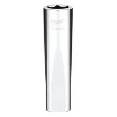 This 6-point deep socket with a 1/2 in drive and 15 mm size is designed for fastening and loosening nuts and bolts in recessed areas. The chrome finish resists corrosion, while the anti-roll hex shape prevents the socket from rolling on sloped surfaces. Suitable for automotive repair, machinery maintenance, and industrial assembly.
