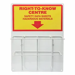 Red wall-mount safety unit for displaying emergency procedures, safety notices, or compliance documents. Overall dimensions: 20 in height, 15 in width, 6 3/4 in depth. Mounting hardware not included.