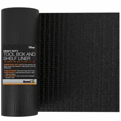 This black plastic shelf mat is designed for use in truck boxes and van shelving. It provides a protective lining to help prevent scratches and reduce tool movement. The mat measures 16 ft in length and 18 in overall width, and is compatible with any toolbox.