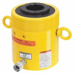 100 ton nominal capacity hollow ram with 3 in stroke and 3.11 in collapsed height. Hollow plunger design enables rod pulling or cable tensioning through the center. Suitable for lifting, pressing, and tensioning in heavy industrial applications.