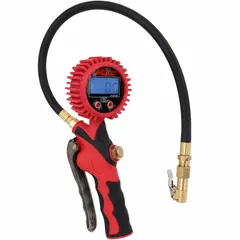 Digital single-tire inflator gauge with 0.1 psi pressure increments and brass fittings. Used for measuring and inflating tires in automotive, fleet, and industrial maintenance applications.