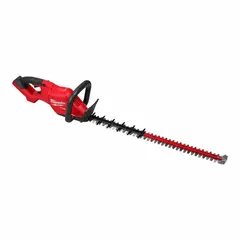 This MILWAUKEE hedge trimmer operates on the M18 battery platform for cordless convenience. It features a 30-inch double-sided blade with a 1-1/4-inch cutting width, suitable for trimming and shaping hedges, shrubs, and bushes in landscaping and yard maintenance.