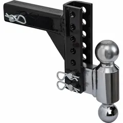 This Class 4 adjustable dual ball hitch from BUYERS PRODUCTS features a 2 in and 2 5/16 in ball diameter, allowing towing of trailers with different coupler sizes without swapping hitches. Constructed of corrosion-resistant steel with a chrome finish, it includes a hitch pin and has a 2 in compatible ball shank diameter. Suitable for trucks and heavy-duty vehicles requiring a Class 4 hitch.