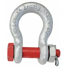 This CROSBY anchor shackle is a high-strength component for lifting and rigging applications. It has a working load limit of 6,660 lb and a width between eyes of 13/16 in. The silver-finished shackle is used to connect chains, slings, or cables to loads in industrial lifting operations.
