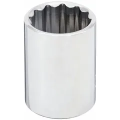 This 1/2" drive hand socket features a 24 mm metric size with a 12-point standard configuration. Constructed from chrome, it is designed for tightening or loosening hex fasteners in automotive, machinery, and general industrial applications.