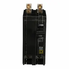 Bolt-on miniature circuit breaker from the QOB Series, rated 125 A at 120/240V AC single-phase. Provides overcurrent protection with a maximum interrupting rating of 22 kA at 120/240V AC. Suitable for use in Square D NQOD panelboards in commercial and industrial power distribution applications.