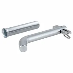 This CURT trailer hitch pin is made of steel with a zinc-plated finish and features a 1/2 in pin diameter. It includes a 5/8 in pin hole adapter for compatibility with various hitch receivers. Suitable for securing trailer couplers to hitch receivers in towing applications.