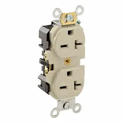 General-purpose duplex receptacle rated 20 A at 250 V AC with NEMA 6-20 configuration (2-pole, 3-wire). Ivory finish. Suitable for powering equipment requiring 250 V in commercial and industrial environments.