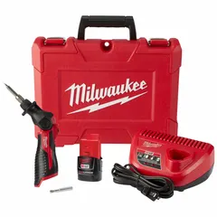 This cordless soldering iron kit operates at a fixed 750°F and includes a chisel/conical tip with 0.02 in width. Powered by an M12 REDLITHIUM battery, it is suited for field repairs, electrical connections, and light soldering tasks in industrial maintenance, HVAC, and telecom applications.