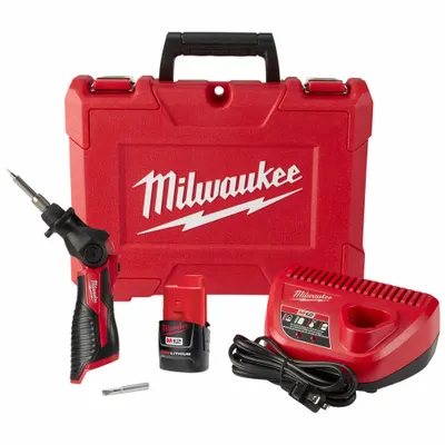 MILWAUKEE Soldering Iron Kit: 90 W, 750°F, Chisel/Conical Tip, 0.02 in Tip Wd - High Output Rechargeable Battery-Powered Soldering Irons