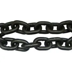 This Grade-80 lifting chain is made from alloy steel with straight links. It has a working load limit of 12,000 lb. Suitable for overhead lifting, rigging, and towing in industrial settings.