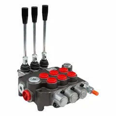Manual spool monoblock valve with three spools, four-way, three-position configuration, and Tandem Center with spring return to neutral. Used for directional control of hydraulic fluid flow in mobile or industrial equipment such as loaders, lifts, and agricultural machinery.