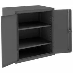 Welded steel cabinet with powder-coated gray finish. Includes two adjustable shelves. Swing handle and padlock hasp provide security. Suitable for storage of tools, parts, and equipment in industrial environments.