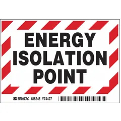 Polyester adhesive sign for marking energy isolation points in industrial lockout/tagout programs. Nominal size 3 1/2 x 5 in, 0.01 in thick. Not retroreflective or glow-in-the-dark. Supplied in a 5-pack for permanent mounting on equipment, panels, or walls.