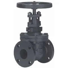 This 5-inch nominal size gate valve features a cast iron body, wedge, and bonnet with a non-rising stem design. It has Class 125 flange connections and a wheel operator for manual on/off isolation in general purpose piping systems.