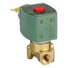 This REDHAT solenoid valve is a 2-way, 2-position normally closed type with a brass body and 1/4 in pipe size. It operates on 24V DC and is designed for high-flow applications. The coil enclosure is without a junction box. Typical uses include on/off control of water, air, and light oil in industrial fluid systems.