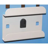 This gray, powder-coated bin mounting clip secures bins to square-hole pegboard. It features a locking clip system to prevent accidental dislodgement and includes a bin support. Surface-mounted with one hook, it is suitable for organizing small parts in workshops, garages, and industrial storage areas