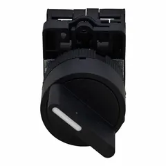 This 2-position selector switch features a short-handled knob operator and maintained/maintained action. It is non-illuminated with a plastic operator head and non-metallic bezel. AC contact rating is 6 A at 120 V; DC contact rating is 0.27 A at 250 V. Suitable for manual on/off control in industrial control panels and machinery.
