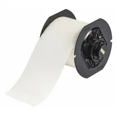 Paper label roll with inkjet print-receptive, water-dissolvable material. White, 3 in x 100 ft continuous format. Compatible with BBP37 printer series. Used for temporary identification of parts, equipment, and containers in wash-down or clean-removal applications.