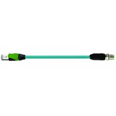 This cordset connects M12 X-coded male straight connectors to RJ45 male straight connectors. It features a turquoise TPE jacket and is rated for Cat6 performance. Typical applications include industrial Ethernet connections in factory automation and data acquisition systems.