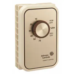 Wall-mount humidistat for controlling humidifiers and dehumidifiers. Operates on 120V AC input voltage. Compatible with both humidifier and dehumidifier control systems. Maintains set humidity levels by switching equipment on or off.