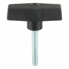 This T-handle knob features a plastic body with a steel thread insert for manual clamping, positioning, and adjustment on industrial machinery, jigs, and fixtures. The 5/16"-18 threaded stud has a 2 in thread length, providing a comfortable grip and secure fastening in assembly and material handling applications.