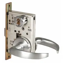 Chrome-finished office lever lockset with satin chromium-plated stainless steel construction. ADA compliant for accessible lever operation. Equipped with interchangeable core for key control. Suitable for interior commercial doors such as offices, schools, and healthcare facilities.