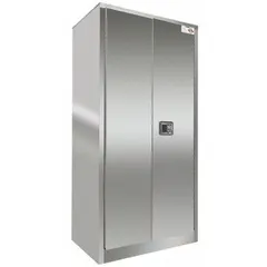 Stationary commercial shelf cabinet with hinged door, flush handle and latch. Constructed of 18 ga brushed stainless steel with leveling feet. Includes 4 adjustable shelves for organizing tools, supplies, or equipment in industrial, laboratory, or facility environments.