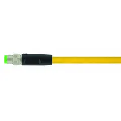 Single-ended cordset with M8 male straight connector on one end and bare wire on the other. Features 4 pins, 24 AWG wire size, and 10 m cable length. Yellow PVC jacket provides IP65 protection. Suitable for flexing applications in industrial automation for connecting sensors or actuators.