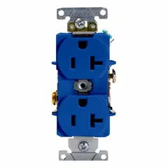 This LEVITON duplex receptacle is a general-purpose outlet rated 125V AC and 20A with a NEMA 5-20 configuration, 2-pole/3-wire grounding. The blue color aids in visual circuit identification. Suitable for use in commercial and industrial environments where 20A branch circuits are required.