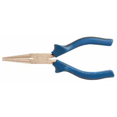 Non-sparking round-nose pliers with 6 1/4 in overall length, 1 5/8 in jaw length, and 2 3/8 in max jaw opening. Suitable for use in environments where sparking tools are prohibited, such as areas with flammable gases or dusts.