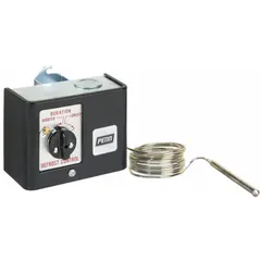 Single-stage defrost termination and fan delay control with steel enclosure. Fixed 4°F differential, SPDT switch action (open/close on rise). Operates at 120 to 240V AC. Includes 6 ft capillary with 3-1/8 in x 5/16 in bulb. Used in commercial refrigeration systems to manage defrost cycles and delay fan restart after defrost.