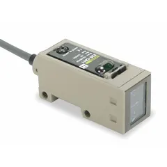 Rectangular photoelectric sensor with a 2-meter non-terminated cable, operating on 10-30V DC. Supports both NPN and PNP output configurations for flexible integration. Used for object detection, presence sensing, and position monitoring in industrial automation, packaging, and material handling systems.