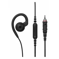 Wired earpiece for Motorola CLPe Series two-way radios. Features an ear hook, push-to-talk button, and single-wire design in black. Provides private audio communication in environments where hands-free operation is needed.