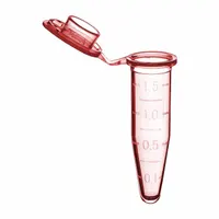 Polypropylene microcentrifuge tube with 1.5 mL capacity, conical bottom, and red body and closure. Graduated for volume measurement, includes closure. Supplied with Self-Standing Bag and Stop-Pops™. Used for storing, mixing, and centrifuging small liquid samples in laboratory settings