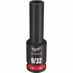 This 3/8" drive impact socket features a 9/32" SAE size with a 6-point deep design for use with impact tools. The friction retention helps secure the socket on the anvil. Suitable for fastening and loosening hex fasteners in automotive, industrial, and maintenance applications.