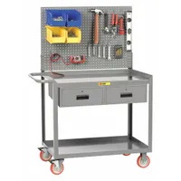 This steel mobile workstation includes pegboard storage and two shelves for organizing tools and parts. It measures 42 inches long by 24 inches wide by 59 1/2 inches high and features a flat handle with two rigid casters for stable movement. Suitable for industrial workshops, warehouses, and maintenance facilities