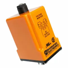 Surface-mounted undervoltage relay with 8 terminals. Pick-up range 215-260V AC, drop-out range 205-250V AC. Contact rating 5 A resistive at 240V AC. Used for voltage monitoring in industrial control panels to detect undervoltage conditions.