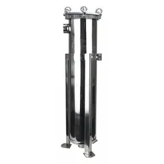 This 304 stainless steel bag filter housing accepts Bag Trade Size 1 filter bags and features 2-inch NPT connections. Rated for 90 gpm flow and 150 psi pressure, the housing uses a swing bolts closure for secure sealing. Suitable for industrial liquid filtration applications requiring particulate removal from water, chemicals, or process fluids.
