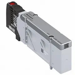 This AVENTICS directional control valve is a four-way, two-position solenoid valve from the XV series. It features a single solenoid actuator and operates on 24V DC. The valve directs compressed air flow in pneumatic systems for actuating cylinders or other devices in industrial automation.