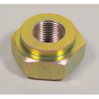 This brass jam nut is used in fleet and vehicle maintenance to lock threaded connections against loosening from vibration. It is commonly applied on brake systems, suspension linkages, and fluid-line fittings. The nut has a length of 1 5/8 in and a 20 mm thread size