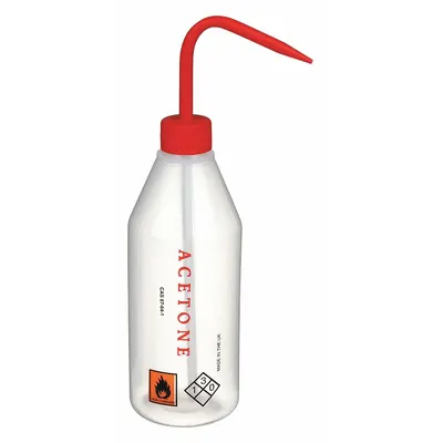 DYNALON Wash Bottle: 500 mL, Acetone, Red, Narrow, Std Spout Spout, Colorless - Narrow Mouthed Standard Spout Wash Bottles