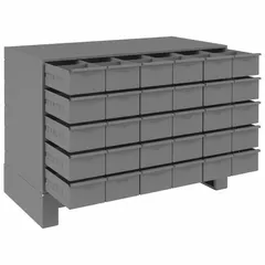 This stackable steel drawer cabinet includes a base and 30 gray steel drawers, each with inside dimensions of 5-7/16 in x 17-3/4 in x 3-3/16 in. The cabinet is powder coated gray and comes assembled with dividers. It is suited for organizing small parts, tools, and hardware in industrial workshops, warehouses, and manufacturing facilities.