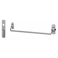 Rim-type exit device with crossbar push bar for doors up to 44 inches wide. Chrome finish. Includes night latch outside trim. ADA compliant for accessible egress.