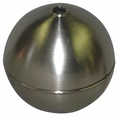Cylindrical through-tube float made of stainless steel with a 3/8 in thread size. Designed for liquid level sensing in tanks and reservoirs, it mounts on a guide rod or stem for reliable detection in various fluids.