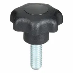 This 7-arm knob features a plastic body with a steel threaded stud for manual adjustment and clamping tasks. With a 25 mm diameter, M6 thread, and 15 mm thread length, it provides a secure grip for frequent hand-tightening applications such as positioning guards or adjusting machine stops.